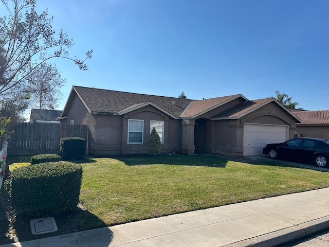 ranch-style house featuring a garage, a front yard, fence, and stucco siding