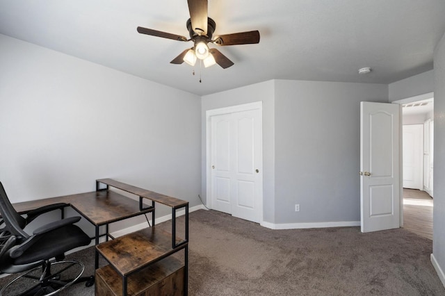 office featuring carpet flooring and ceiling fan