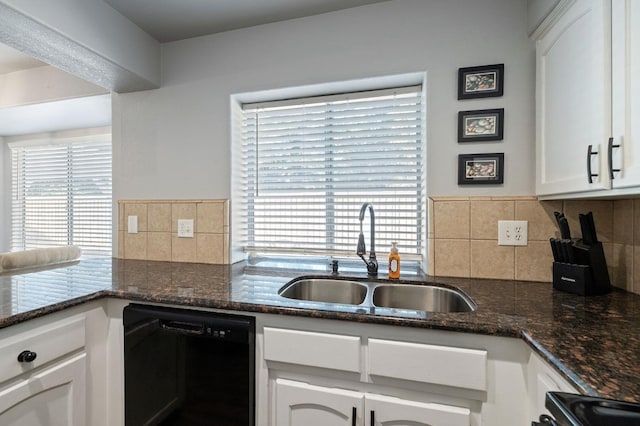 kitchen featuring white cabinetry, black dishwasher, sink, and decorative backsplash