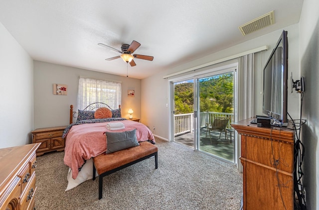 bedroom featuring carpet, visible vents, a ceiling fan, access to outside, and baseboards