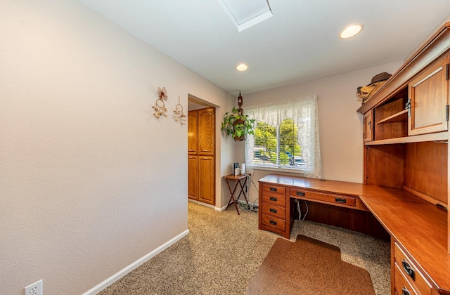 office area featuring recessed lighting, light carpet, and baseboards