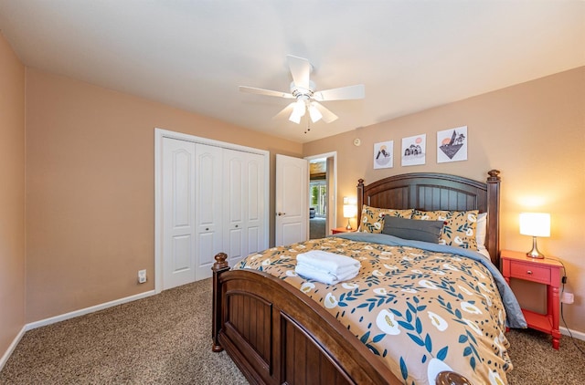 bedroom with carpet floors, a closet, ceiling fan, and baseboards