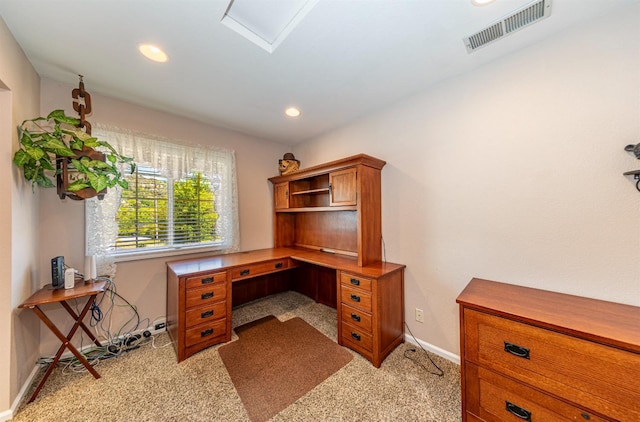 office space with light carpet, baseboards, visible vents, and recessed lighting