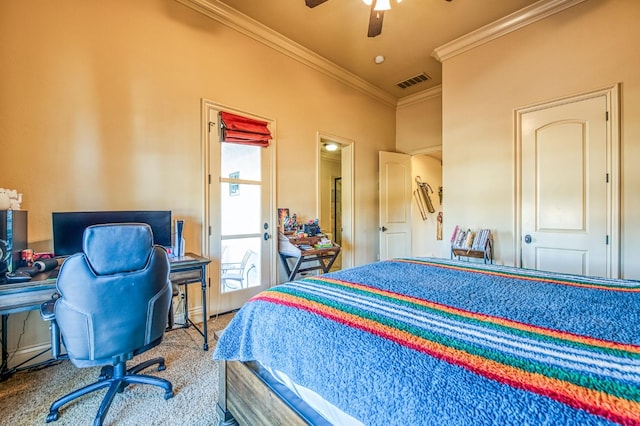 carpeted bedroom with crown molding and ceiling fan