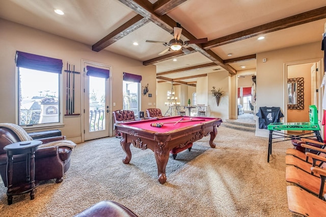 playroom with beam ceiling, carpet, and a wealth of natural light