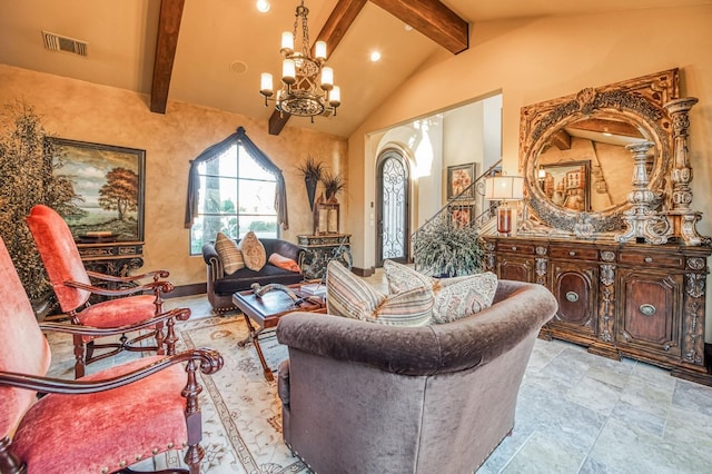 living area with high vaulted ceiling, a chandelier, and beam ceiling