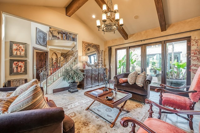 living room featuring beamed ceiling, high vaulted ceiling, french doors, and a chandelier