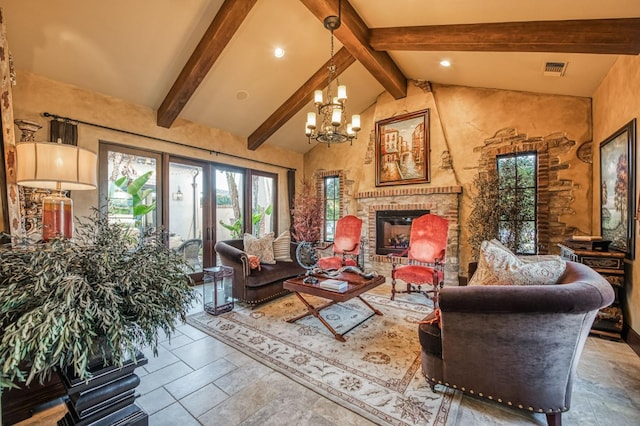 living room with beamed ceiling, a brick fireplace, a chandelier, and high vaulted ceiling