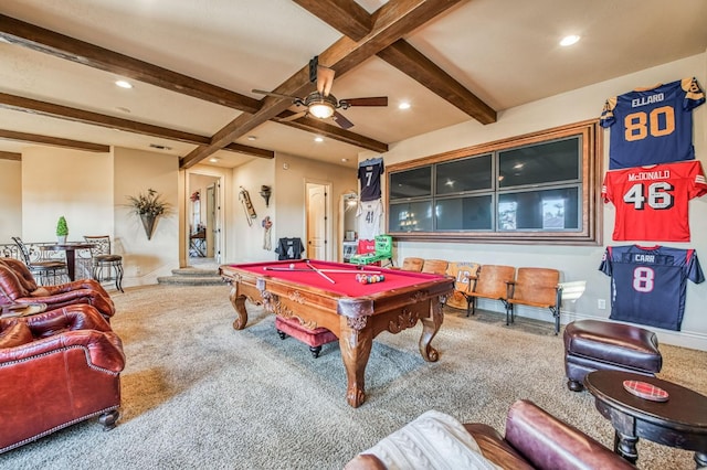 playroom with ceiling fan, billiards, beam ceiling, and carpet floors