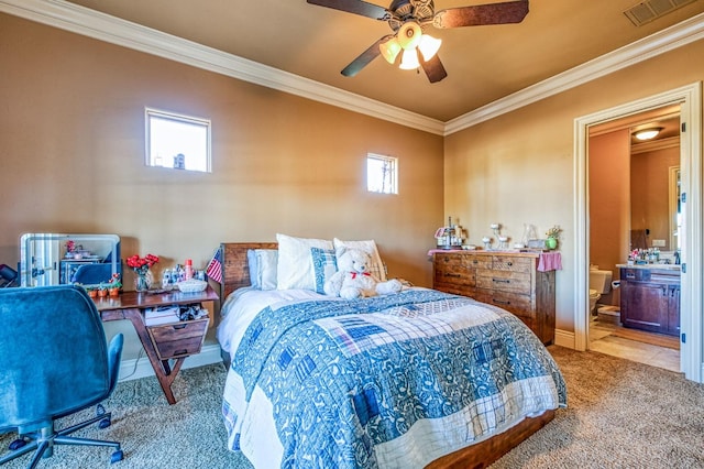 bedroom featuring multiple windows, crown molding, carpet floors, and ceiling fan