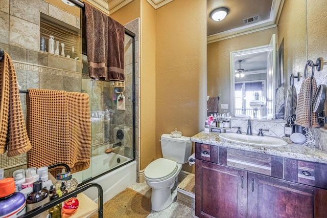 full bathroom with toilet, ornamental molding, shower / bath combination with glass door, and vanity