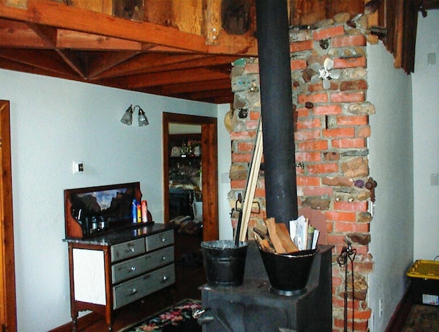 living room with a wood stove