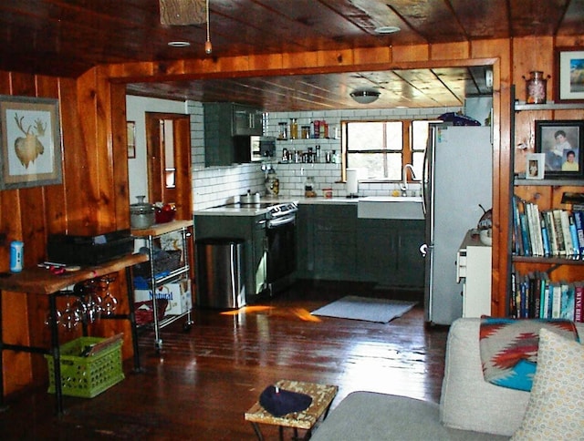 kitchen featuring appliances with stainless steel finishes, wooden walls, dark hardwood / wood-style flooring, and sink