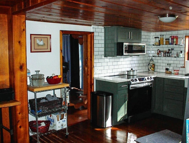 kitchen with backsplash, stainless steel appliances, dark hardwood / wood-style flooring, and wooden ceiling