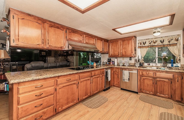 kitchen with sink, light hardwood / wood-style flooring, dishwasher, black electric stovetop, and kitchen peninsula