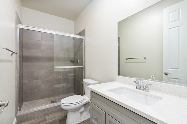 bathroom with vanity, toilet, and a shower with shower door