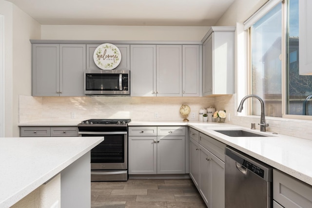 kitchen featuring appliances with stainless steel finishes, sink, and gray cabinetry