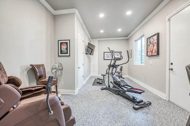 exercise room featuring crown molding and carpet floors