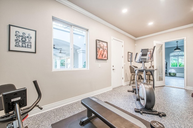 workout area featuring crown molding and a healthy amount of sunlight