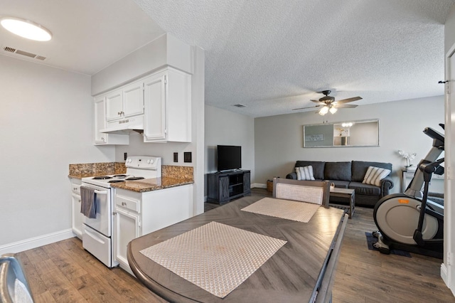 kitchen with visible vents, under cabinet range hood, white electric range oven, wood finished floors, and white cabinetry