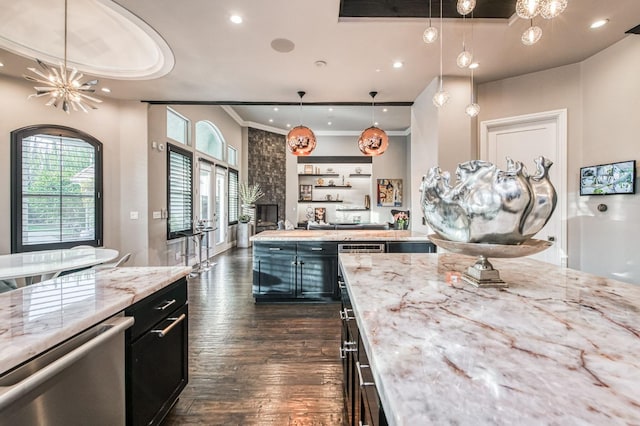 kitchen with pendant lighting, stainless steel dishwasher, dark hardwood / wood-style flooring, and light stone counters