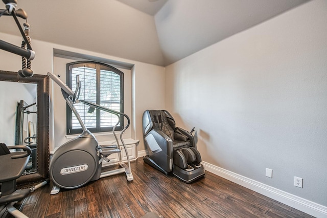 exercise room featuring hardwood / wood-style flooring and vaulted ceiling