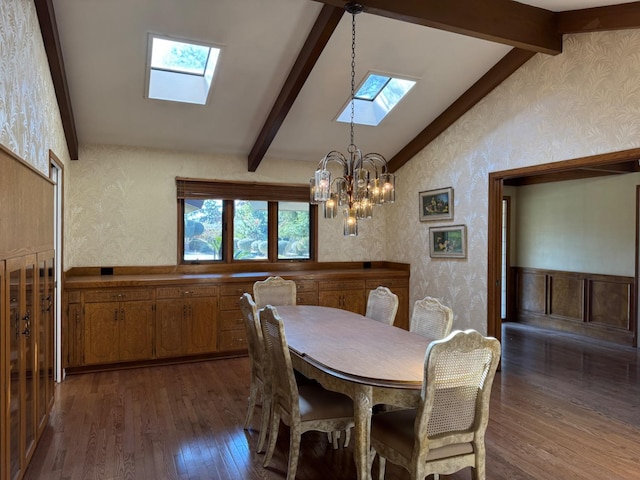 1590 W Escalon, Fresno, CA 93711 - dining room with a skylight, dark wood-type flooring, wallpapered walls, and a chandelier