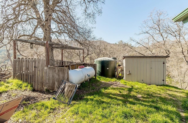 view of yard featuring a storage shed