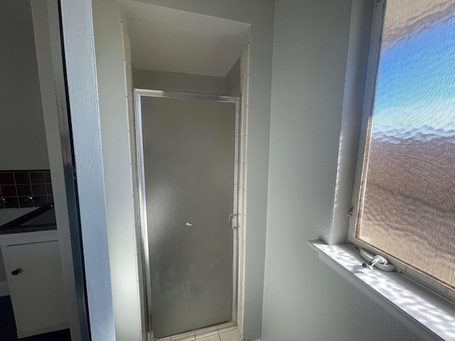 bathroom with a shower with shower door