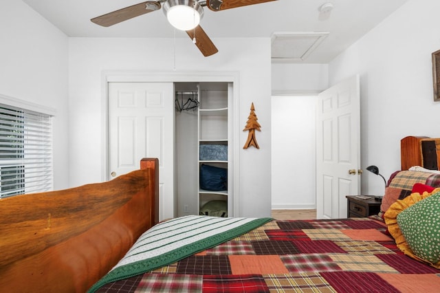 bedroom featuring ceiling fan and a closet