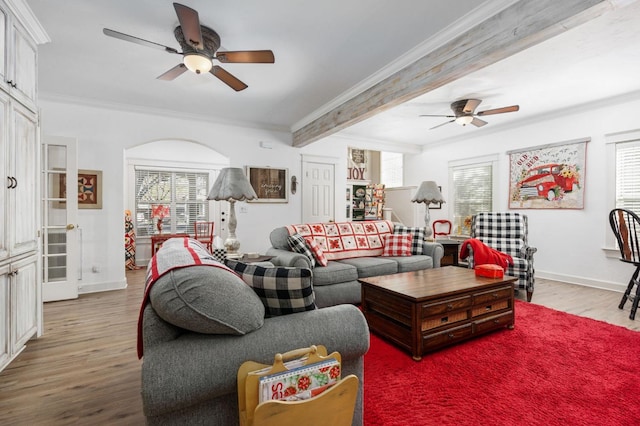 living room with crown molding, ceiling fan, and light wood-type flooring