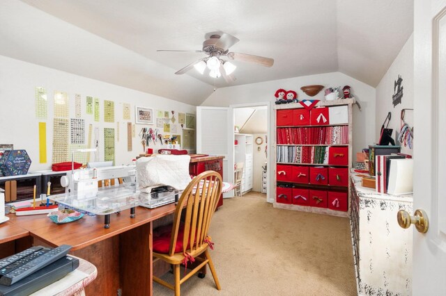 carpeted bedroom with ceiling fan and lofted ceiling