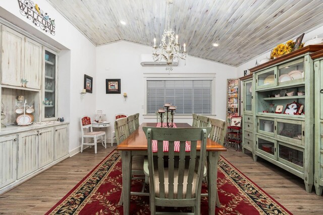 dining area featuring lofted ceiling, a notable chandelier, wood ceiling, and wood-type flooring