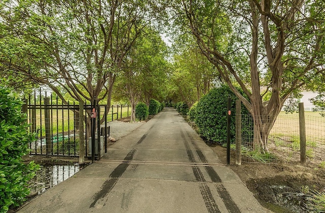 view of street featuring a gate, a gated entry, and aphalt driveway