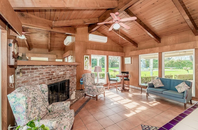 3670 S Newmark Ave, Sanger, CA 93654 - living area with wood ceiling, tile patterned flooring, a wall unit AC, a brick fireplace, and wood walls