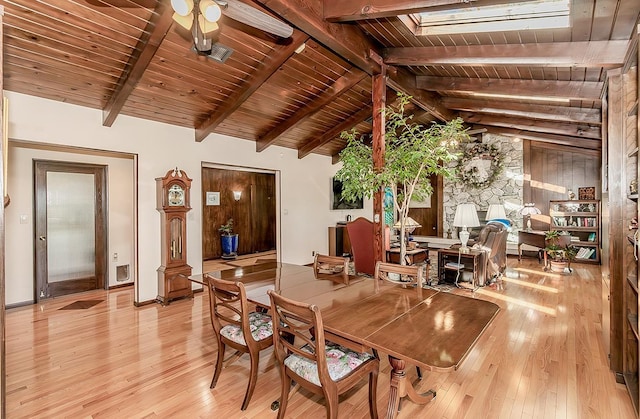3670 S Newmark Ave, Sanger, CA 93654 - dining room with wooden ceiling, light wood-style flooring, a ceiling fan, and a skylight