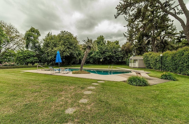 outdoor pool with a patio, a diving board, a yard, and an outbuilding