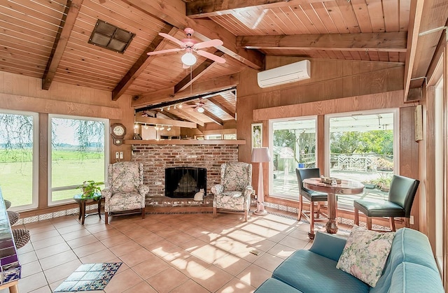 3670 S Newmark Ave, Sanger, CA 93654 - living room with a wall unit AC, wooden ceiling, tile patterned flooring, wood walls, and ceiling fan