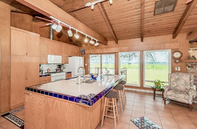 3670 S Newmark Ave, Sanger, CA 93654 - kitchen with white appliances, track lighting, tile counters, wood ceiling, and light tile patterned floors