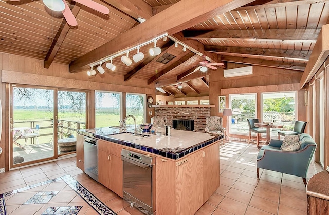 3670 S Newmark Ave, Sanger, CA 93654 - kitchen featuring ceiling fan, wood ceiling, a sink, tile countertops, and light tile patterned floors