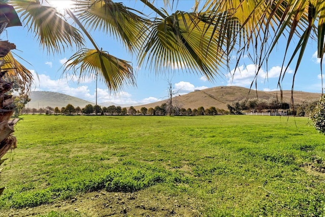 view of yard with a mountain view and a rural view