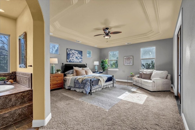 bedroom featuring ceiling fan, a raised ceiling, and carpet