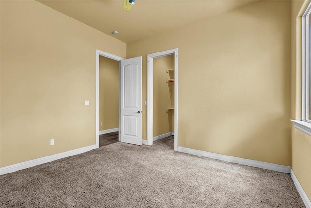 unfurnished bedroom with a walk in closet, a closet, and carpet flooring