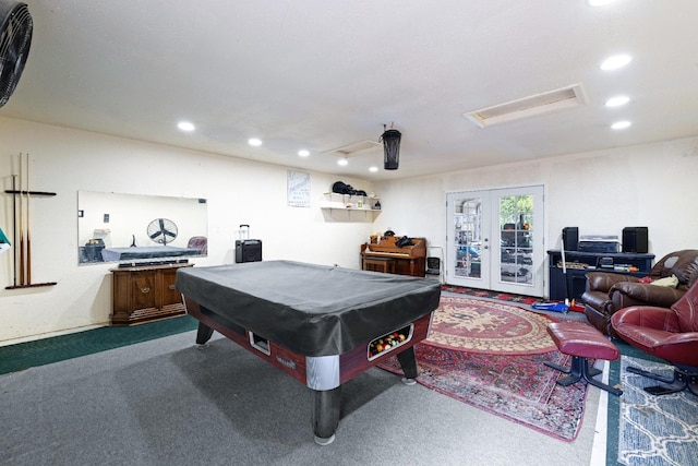 rec room with carpet, billiards, and french doors