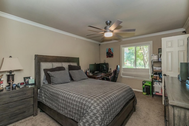 bedroom featuring crown molding, light colored carpet, and ceiling fan