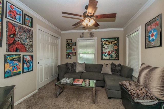 carpeted living room featuring crown molding and ceiling fan