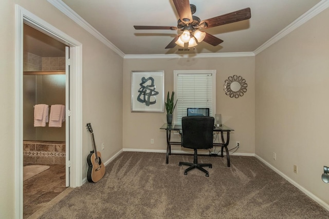 office area with ceiling fan, ornamental molding, and dark colored carpet