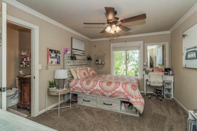 bedroom with connected bathroom, ornamental molding, ceiling fan, and dark colored carpet