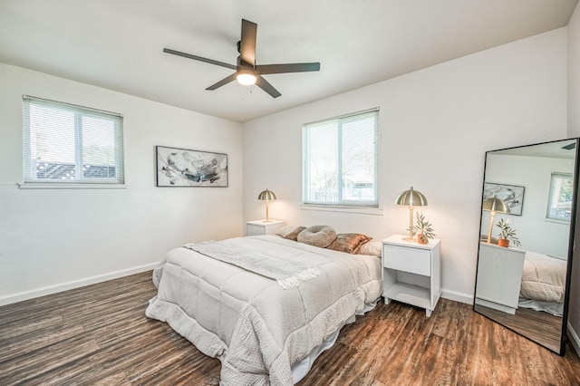 bedroom with multiple windows, dark hardwood / wood-style floors, and ceiling fan