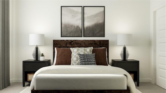 bedroom featuring light carpet and baseboards